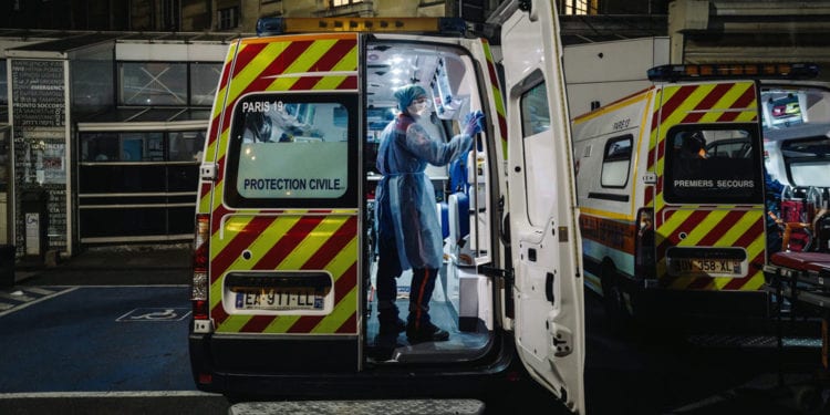 A French first aid worker from the Protection Civile Paris Seine, disinfects an ambulance after it was used to ferry a patient suspected of being infected with COVID-19, as Paris and the rest of the nation experiences a coronavirus outbreak on April 3, 2020. - France has been on lockdown since March 17 in a bid to limit the contagion caused by the novel coronavirus, a situation it has extended until at least April 15. (Photo by Lucas BARIOULET / AFP) (Photo by LUCAS BARIOULET/AFP via Getty Images)