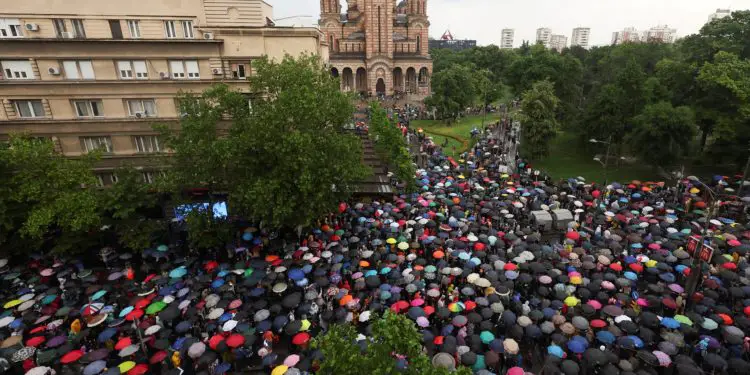 People attend a protest "Serbia against violence" in reaction to the two mass shootings in the same week, that have shaken the country, in Belgrade, Serbia, May 27, 2023. REUTERS/Marko Djurica