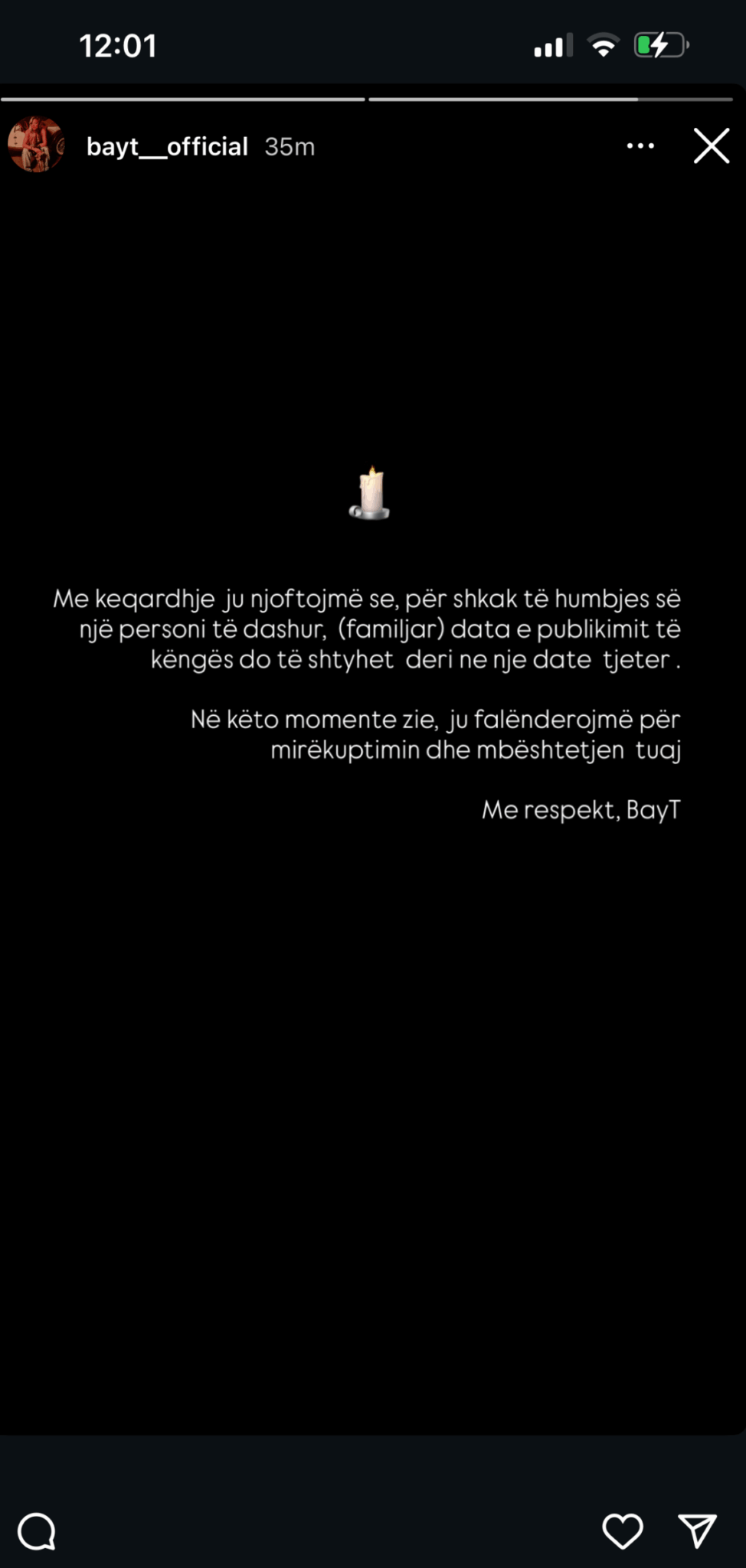 Bay T jep nuk do publikoi këngën e re, thotë se i ka vdekur një familjar, njoftimi - Insajderi - bay tt