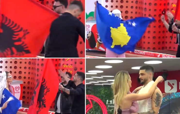 Shqipëria dhe Kosova  bëhen një  në BBVA   Selin me flamurin e Kosovës  Gimbo me flamurin kuq e zi në festën e beqarisë